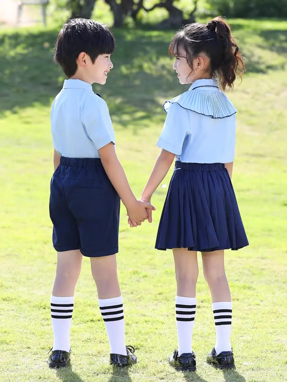 Bambini ragazzi ragazze uniforme scolastica in stile britannico per bambini set di abbigliamento adolescente ragazze studenti ragazzi costumi del coro blu cielo