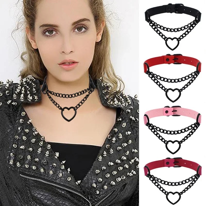 Punk Grunge Heart Metal Pendant Leather Choker Necklaces for Women Adjustable Black Chain Neck Strap Gothic Jewelry Accessories