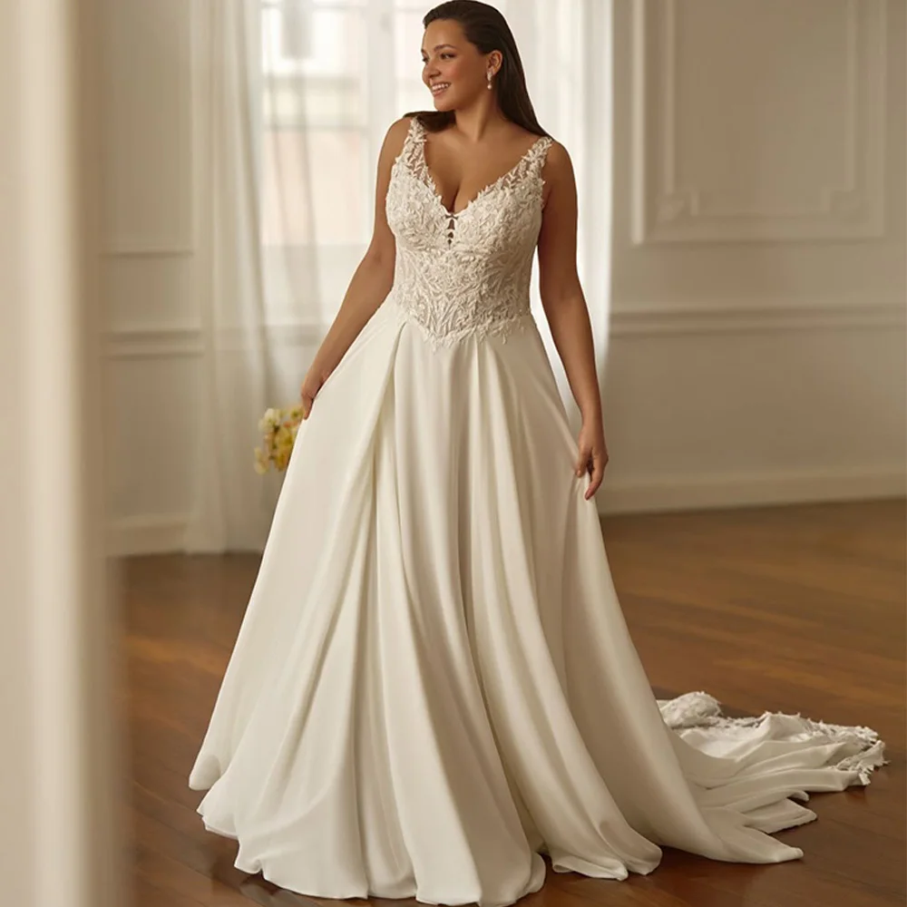 Modern V-neck Sleeveless Wedding Dress Customized High Quality A-Line Jersey Vestido De Novia Delicate Appliques Robe de mariée