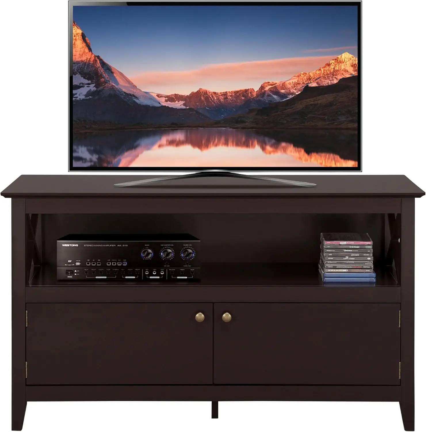 

Wooden TV Stand for TVs Up to 50 inch, Media Entertainment Center Table, TV Cabinet Table with Open Shelf & 2 Doors for Liv Fan