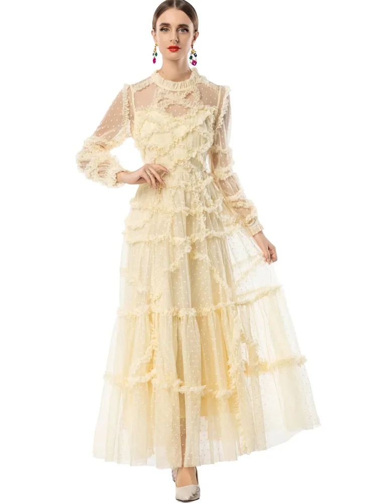 QMQA Fashion Women's Elegant Dresses Long Sleeve Ruffled Patchwork Large Hem Mesh Evening Party Long Dress 2026 Female New M1137