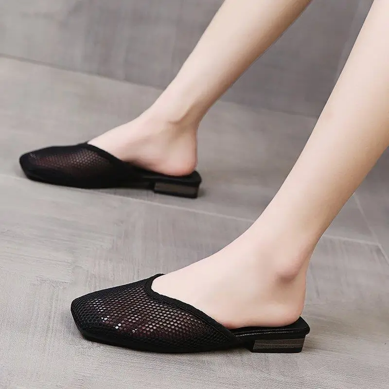 Pantofole piatte con punta quadrata estate comode diapositive traspiranti al di fuori della moda Baotou mezze scarpe da trascinamento per le donne