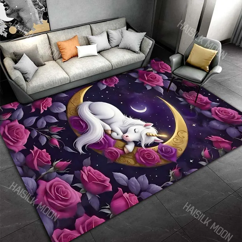 Sleeping unicorn on crescent moon with roses Carpet for Living Room Bedroom Sofa Home Decor Rus Non-slip Floor Mat Luxury Gift