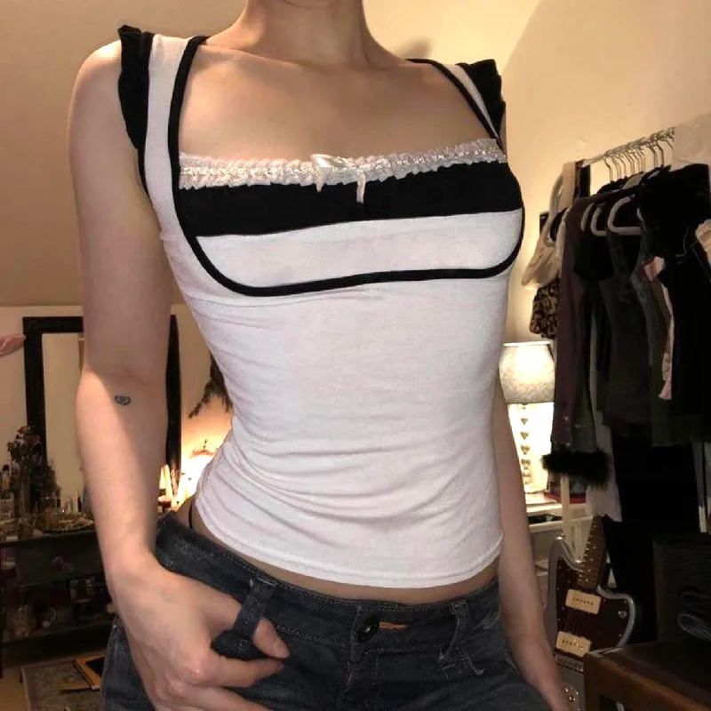 Wheremery Y2K Lace Patchwork Skinny Tank Top Sexy Square-neck Off Shoulder Sleeveless Crop Tops 2023 Summer Slim Elegant Camis