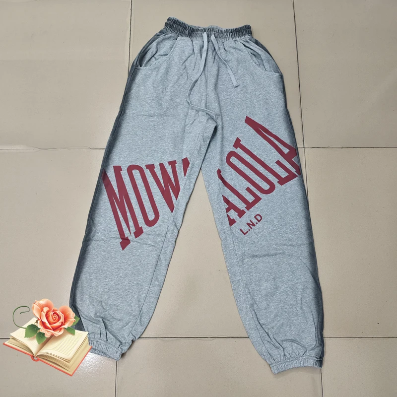 

Stain Mowalola Red Print Letters Spray Dyeing Washed Do Old Wide Leg Pants Men Women High Quality Drawstring Baggy Trousers