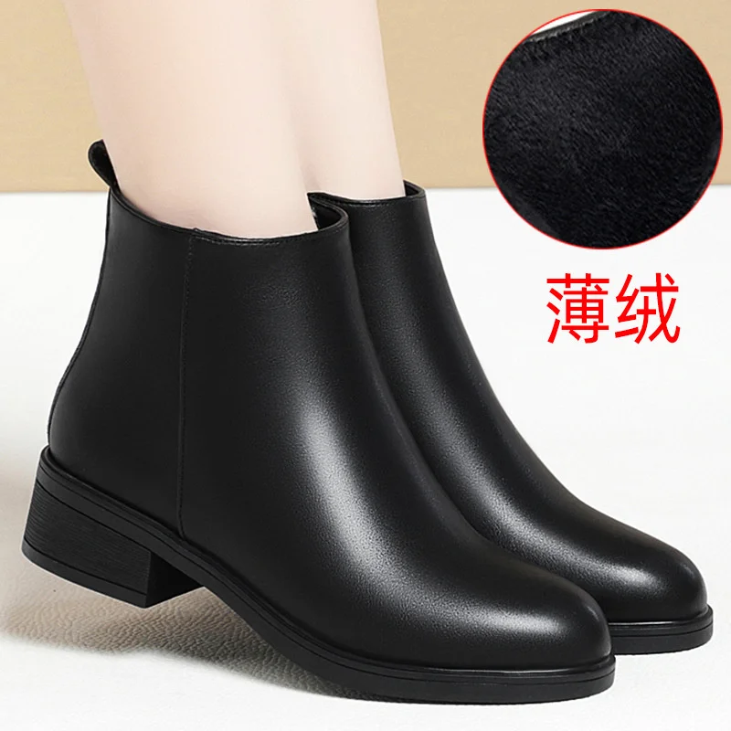 Winter Fashion Women Ankle Boots Mid Heels Dress Velvet Thick Heel Shoes Office Soft Sole Cotton Zipper Boots