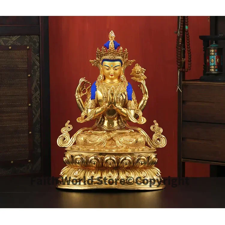 46CM huge large good Buddha HOME Temple Greco-Buddhist efficacious Protection # Buddhism Four arm Guanyin Buddha gild statue