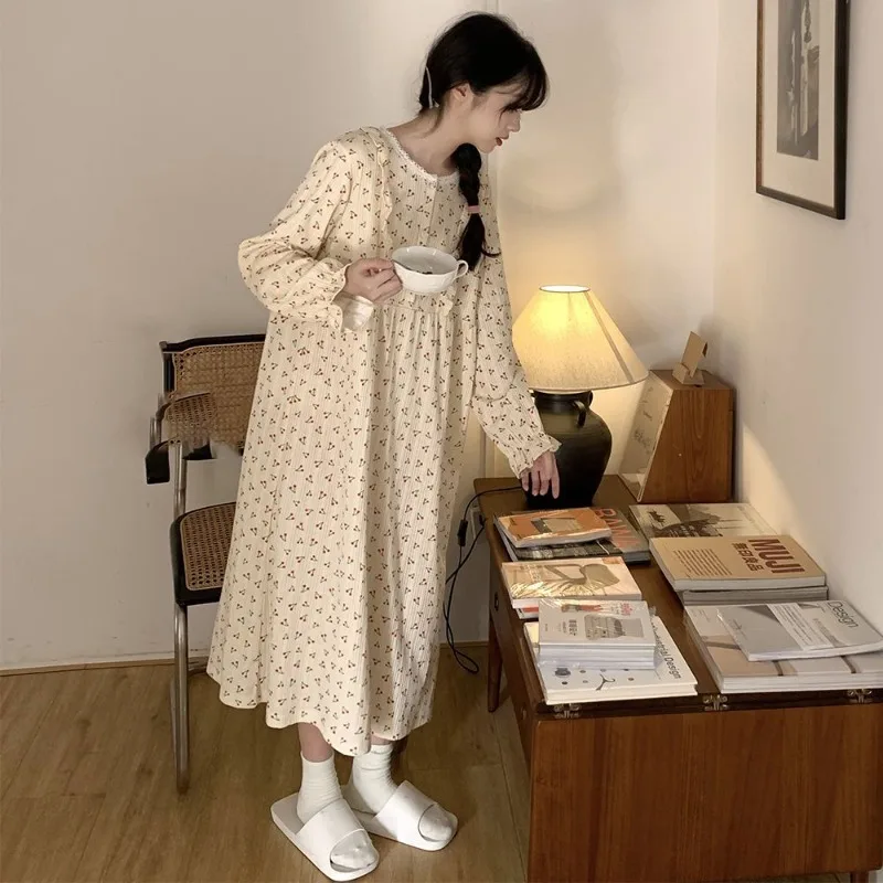 Cherry Print Women Nightgown Lace Sleepwear O-neck Nightwear Korean Fashion Night Dress Long Sleeve Autumn One Piece Pajamas New