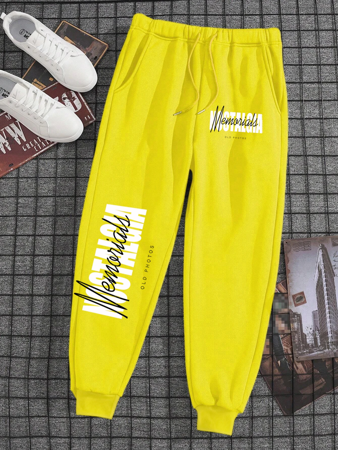 Calça esportiva longa nostalgia masculina e feminina, joggers de bolso, casual Gym Wear, agasalho esportivo fleece, fotos antigas, estampas de cordão, casal