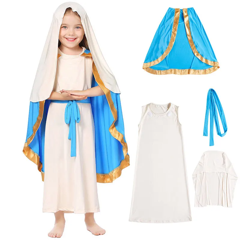 

Kids Virgin Mary Costume And Dolls For Girls Christmas Biblical Nativity Dresses Jesus Mother Costume