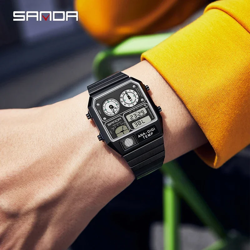 SANDA 3192 Neuer Chronograph, LED, elektronisch, quadratisch, drei Zeitzonen, lässig, Multifunktions-Thermometer, Stoppuhr