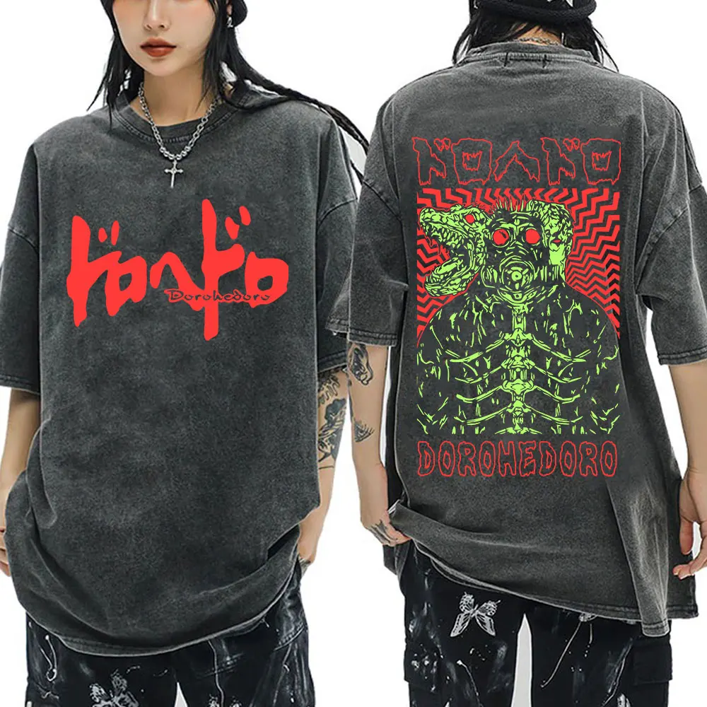 Anime Dorohedoro Gyoza Crazy Hungry Bug Vintage Washed T Shirt Manga Graphic Print T Shirts Men's Fashion Casual Cotton T-shirts