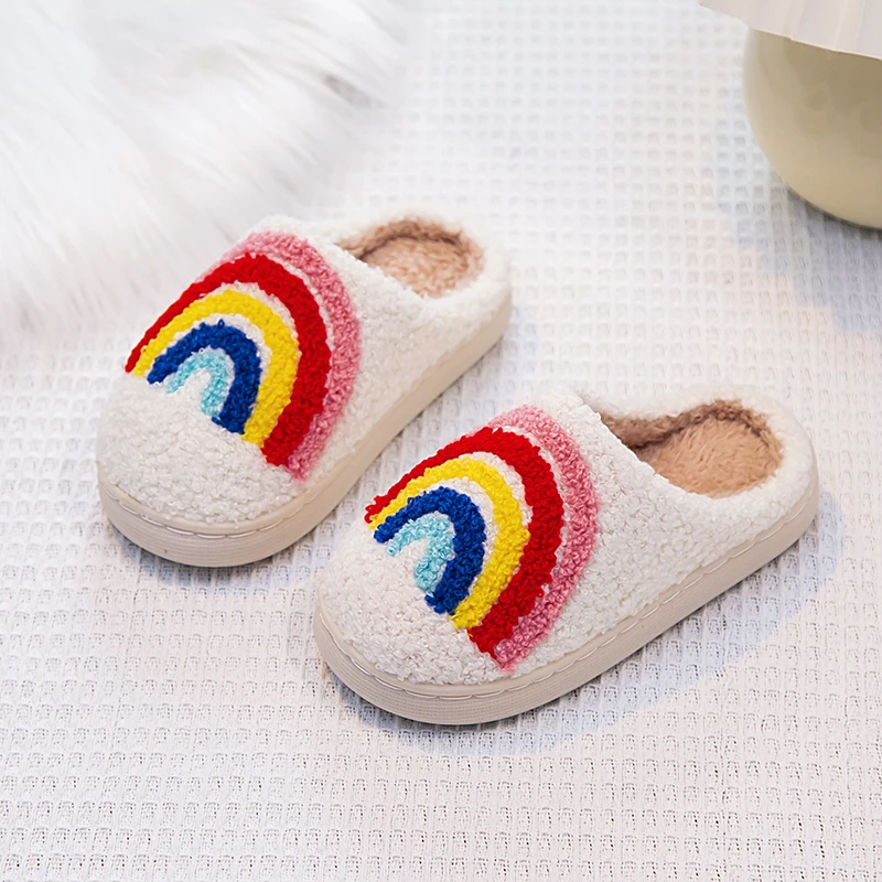 Children Warm Plush Slippers Winter Colorful Rainbow Boys Girls Home Slippers Soft Furry Hairy Kids Fashion Causal Flat Slippers