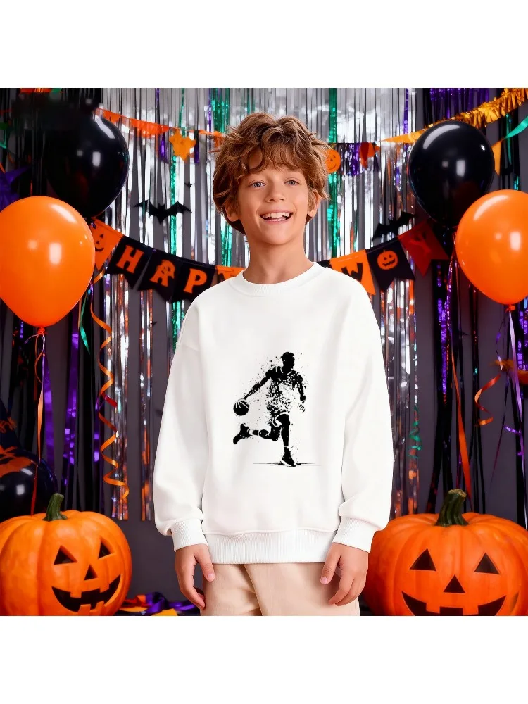 Felpa girocollo per bambini - Pullover bianco con grafica silhouette per giocatore di basket, top casual sportivo e fresco