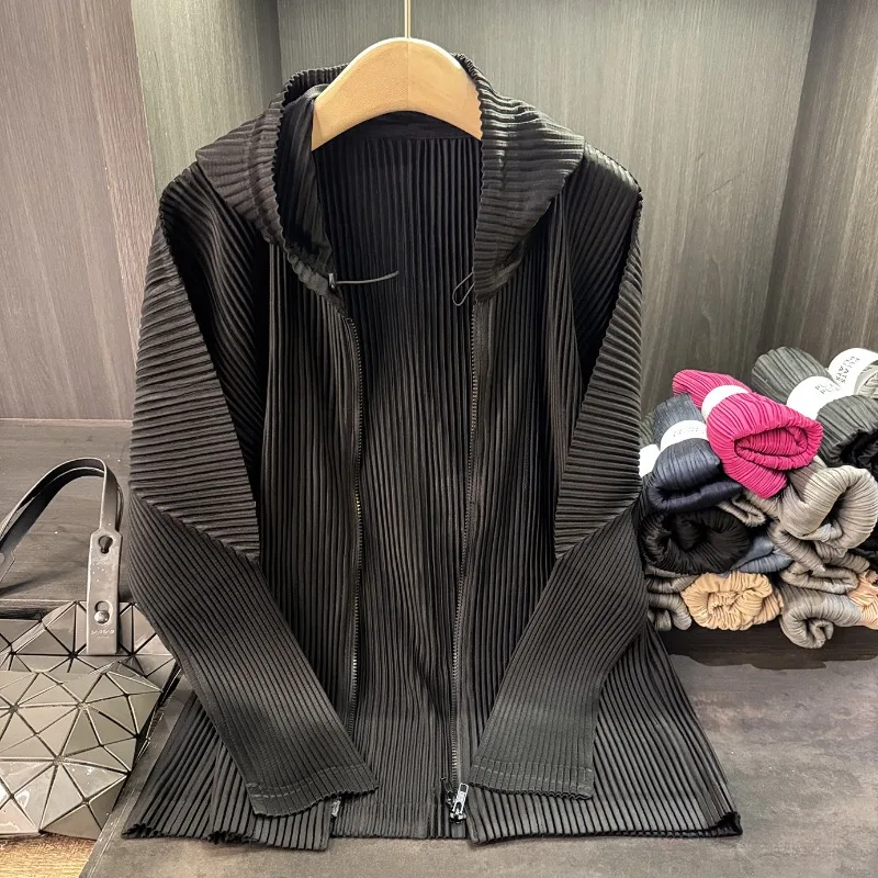 Miyake Geplooid Rits Vest Jas Dames Met Capuchon 2025, Herfst Nieuwe Veelzijdige Casual Geplooide Effen Kleur Dunne Blouse Dameskleding