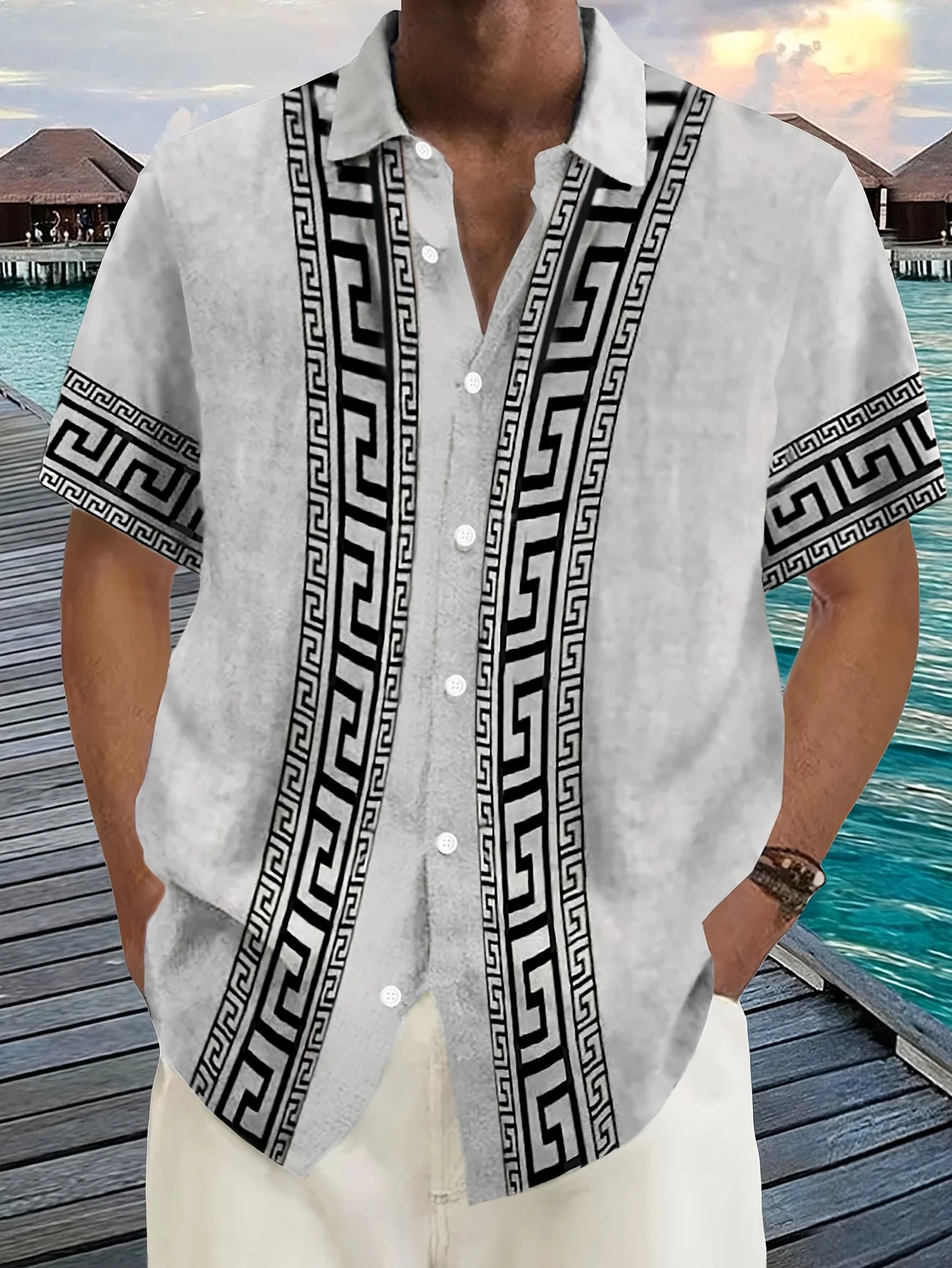 

Новинка 2023 года, мужская летняя повседневная пляжная рубашка с короткими рукавами и лацканами, повседневная одежда с этническим принтом, модная пляжная одежда большого размера