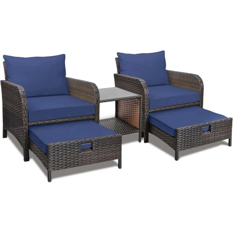 Qleveleve balcony furniture 5 piece patio conversation set, PE Wicker rattan outdoor lounge chairs with soft cushions 2 Ottoman