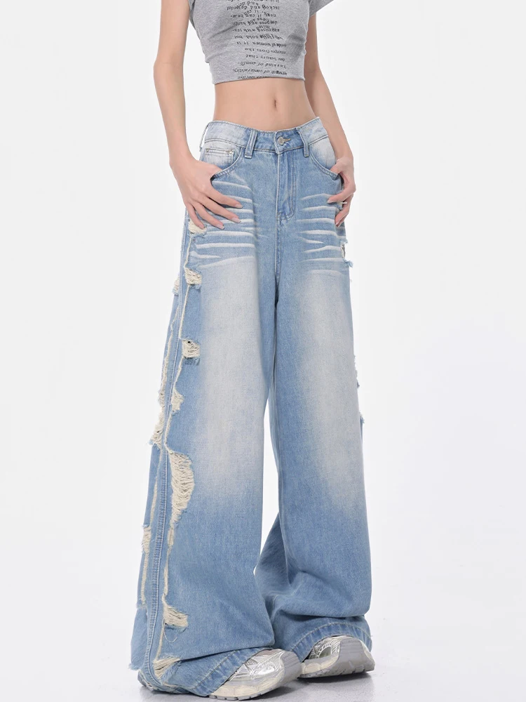 

Женские синие мешковатые джинсы Y2k в японском стиле 2000-х годов, рваные джинсовые брюки с высокой талией, винтажные джинсовые брюки большого размера в стиле Харадзюку, осень