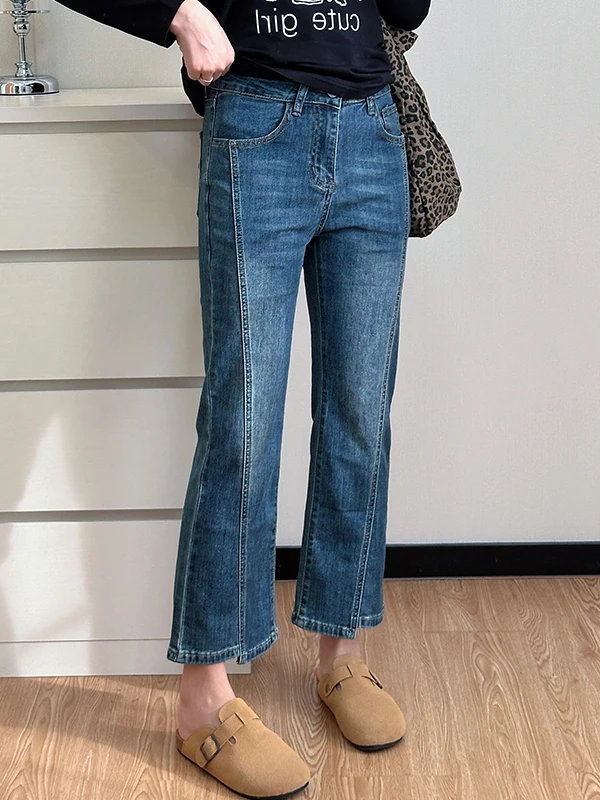 

Расклешенные джинсы с высокой талией, 9-очечные женские осенне-зимние утягивающие джинсы большого размера, повседневные эластичные джинсовые брюки средней длины