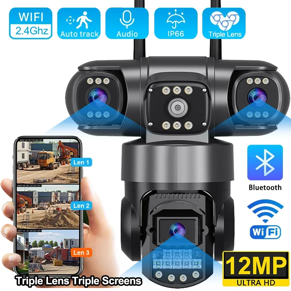 WiFi IP Camera 10X Zoom 3 Lens Three Screens Outdoor CCTV Video Surveillance Auto Tracking 12MP PTZ Home Security Camera