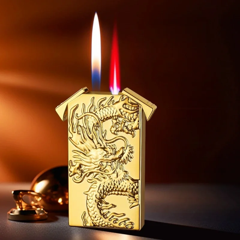 New Relief Dragon Double Fire Switching Lighter Outdoor Windproof Red Flame Direct Spray Open Flame Inflatable Lighter