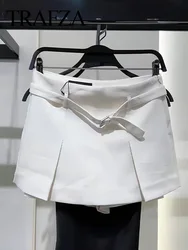 TRAF 2024 Fashion Women's Clothing Casual Solid Skirts Shorts Female High Waist With Belt A Line Slim Office Lady White Shorts