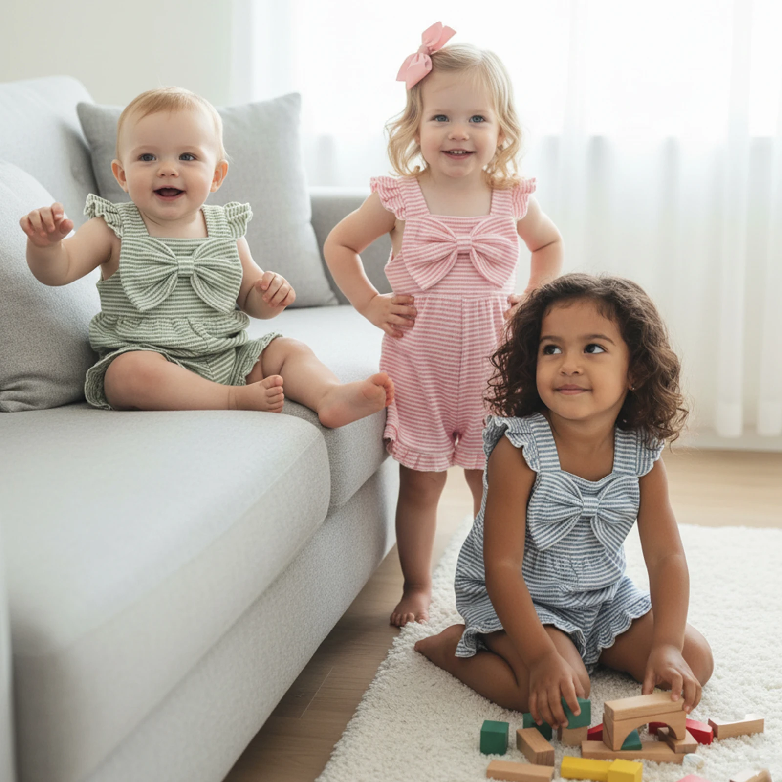 Summer Toddler Baby Girls Striped Jumpsuits Cute Sleeveless Square Collar Ruffles Bowknot Rompers Ruffles Shorts Overalls