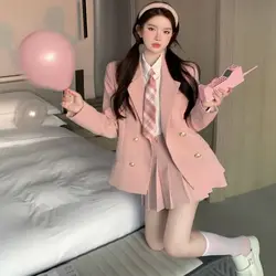 2026 autumn new Japanese korean style women pink jk uniform set girl college style school Suit short coat pleated skirt set a703