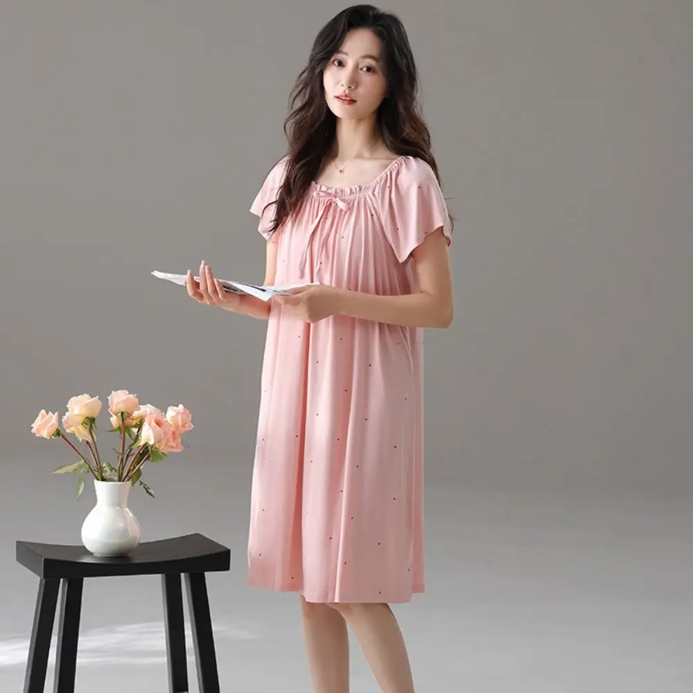 

Casual Modal Women's Pajama Dress Loose Home Wear Dot Ruffle Nightdress Sleepwear Short Sleeve Lace Up Nightgown Female