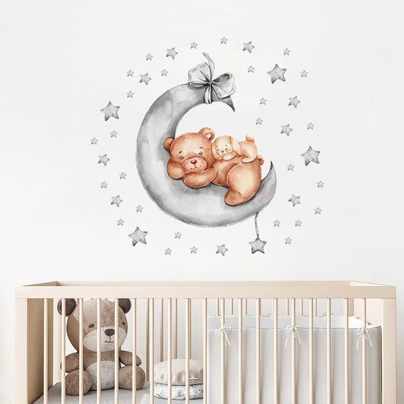 Adesivi murali per cameretta orsacchiotto che dorme sulla luna decalcomanie da parete per bambini camera da letto Baby Nursery Wall Sticker