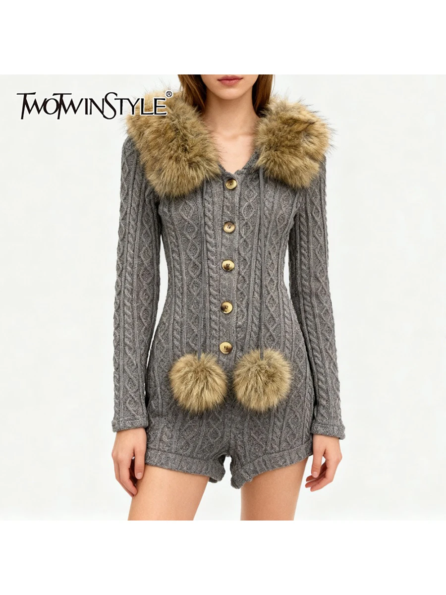 

TWOTWINSTYLE модные утягивающие однобортные комбинезоны для женщин с капюшоном и длинными рукавами, лоскутный вязаный меховой комбинезон, женский