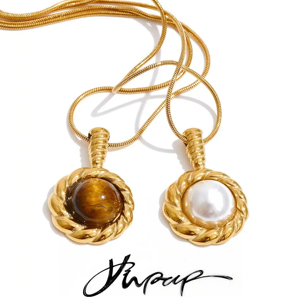 Yhpup Natural Tiger Stone Imitation Pearl Round Pendant Necklace 18K Golden Plated Stainless Steel Fashion Collar Jewelry