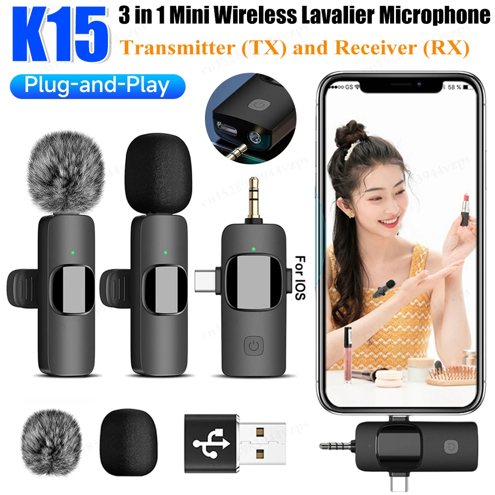 Professional Wireless Lavalier Microphone Noise Reduction 3 in 1 Audio Video Recording Mini Mic Lapel Microphone for Android