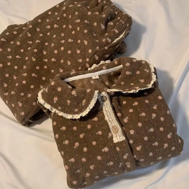 

Women's Pajama Set Winter Girl Nightwear Cute Floral Coral Fleece Cozy Thick Warm Plus Size Two Piece Loungewear Girls Homewear