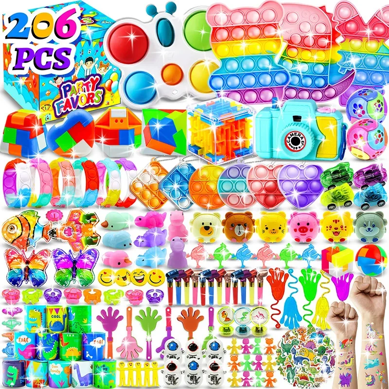 206 Pieces Cartoon Plastic Party Favor Combo Set Pinata Fillers Kids Birthday Party Bulk Toys Boys & Girls Treasure Box