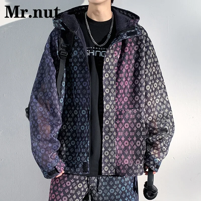 

New Summer Sunscreen Clothes Men Breathable Hollowing-Out Mesh Hooded Jackets Loose Thin Outerwear Personalized Male Streetwear