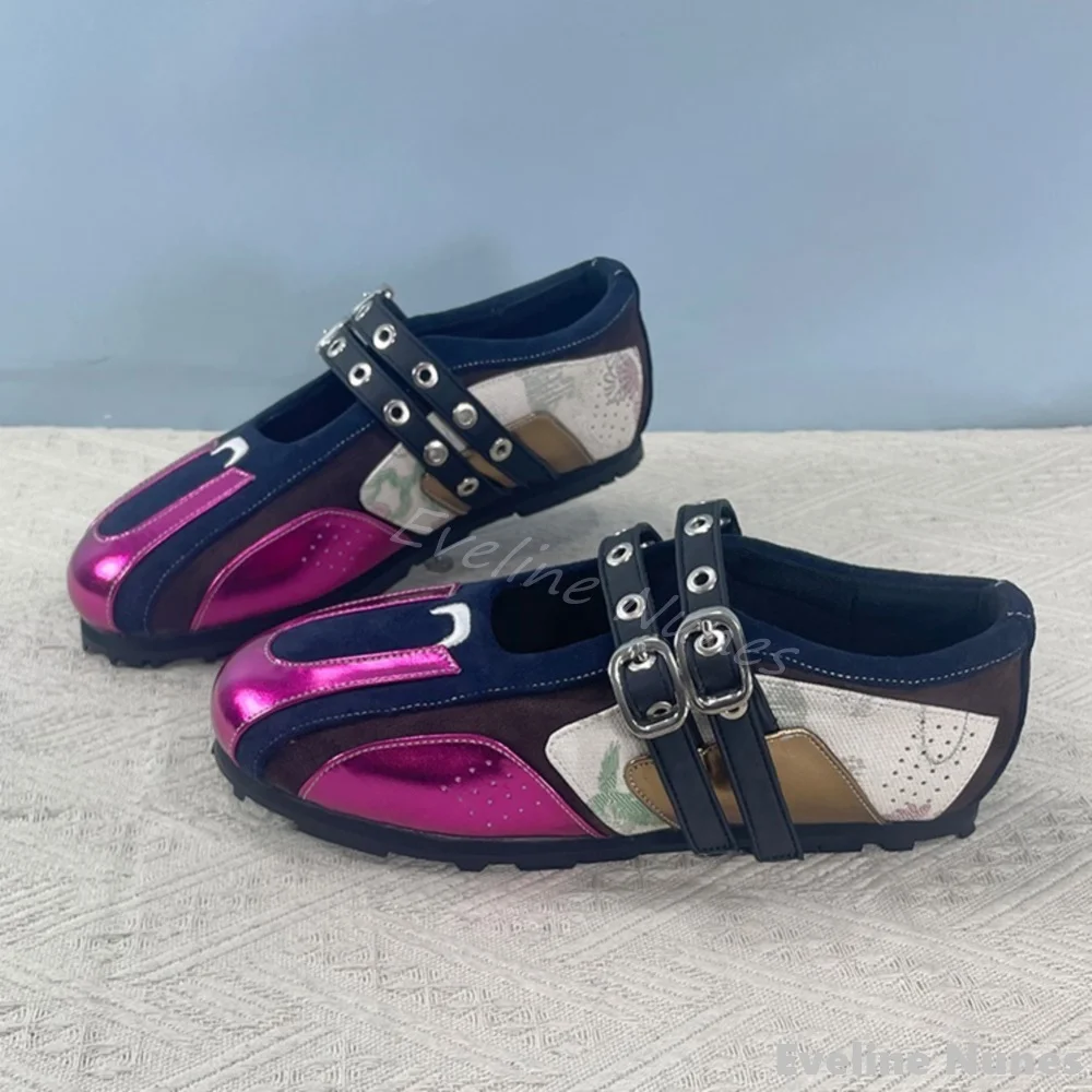 Sports Mary Jane Ballet Flats Women Mixed Colors Shallow Belt Buckle Round Toe Dexun Shoes 2025 Rose Red Fashion Casual Shoes