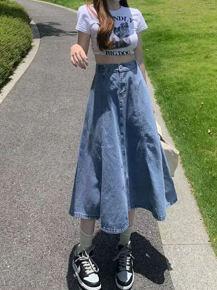 

Korean Women Denim Skirts Elastic High Waist A Line Jeans Long Skirts Blue Plus Size Cotton Female Skirts New 5Xl