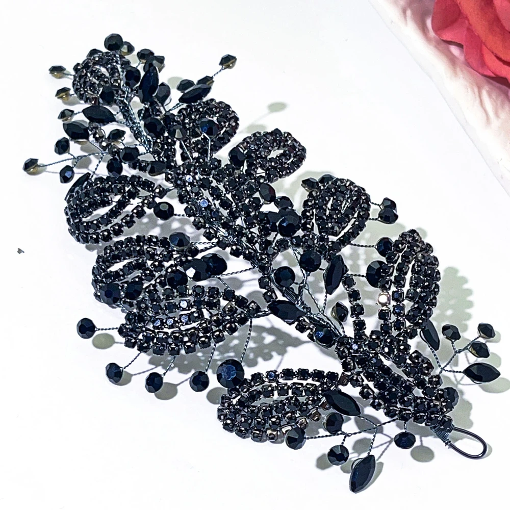 DZ278 Black Rhinestone Bridal Headband Fashion Bride Headdress Leaf Wedding Hair Style Side Headpieces Party Hair Accessories