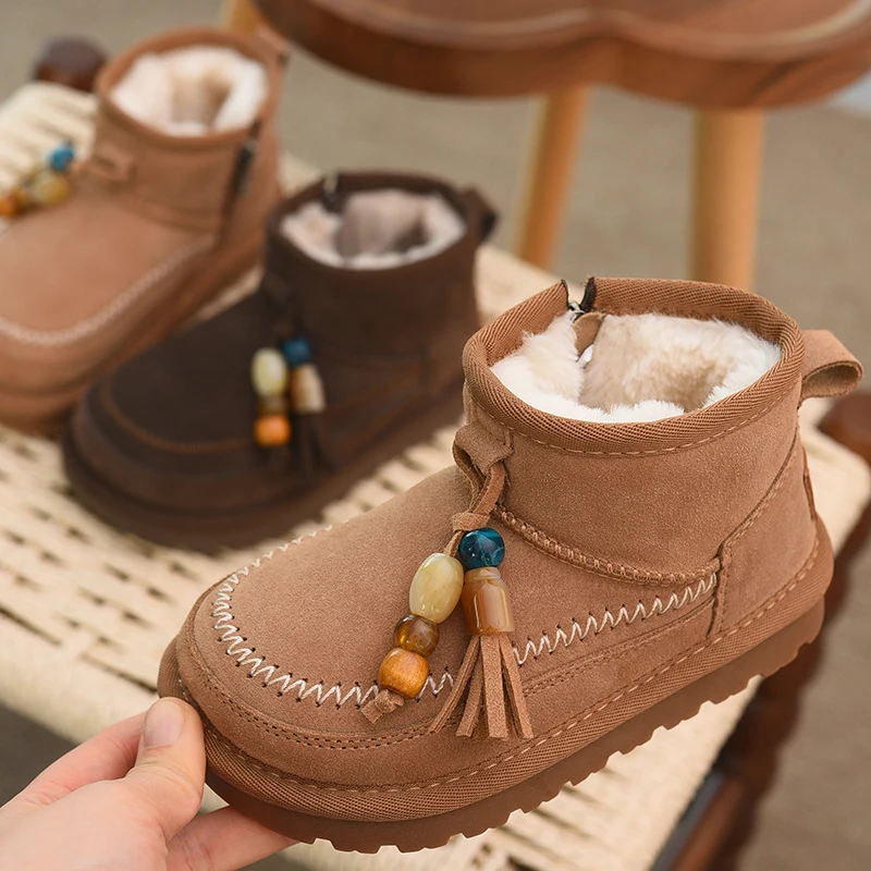 Genuine Leather Children's Snow Boots with Tassels and Velvet for Girls, 2025 Winter New Style Children's Shoes, Thick and Warm