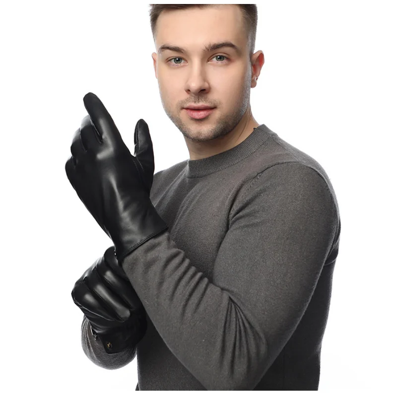 

Leather Gloves For Men Winter Genuine Sheepskin Velvet Lined Full Finger Touchscreen Outdoor Cycling Driving Motorcycle Gloves