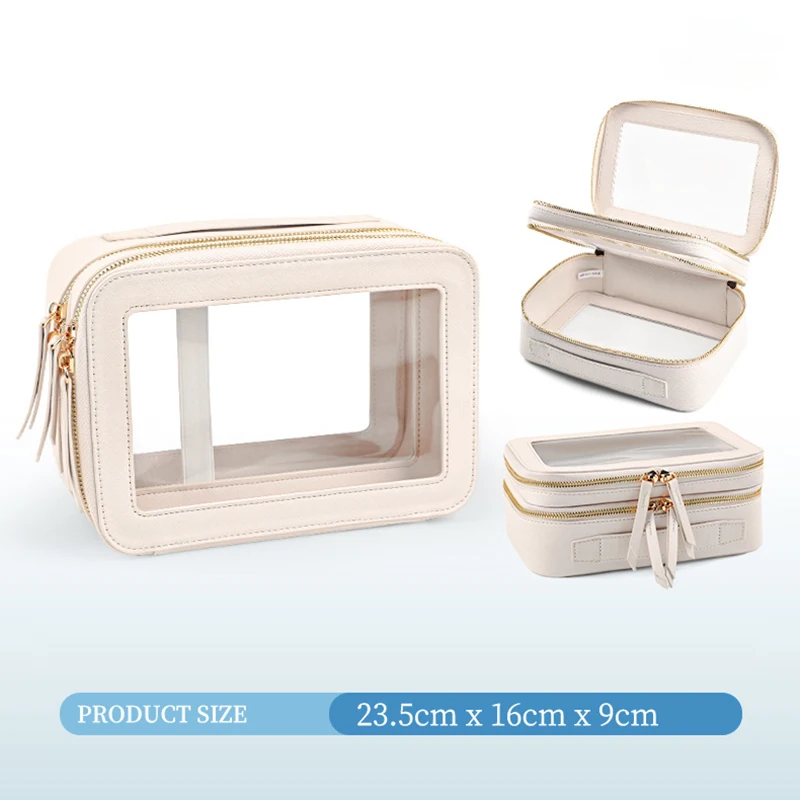 New high-value transparent dry wet separation wash bag fashionable PU splicing PVC handheld high-end makeup bag home storage bag