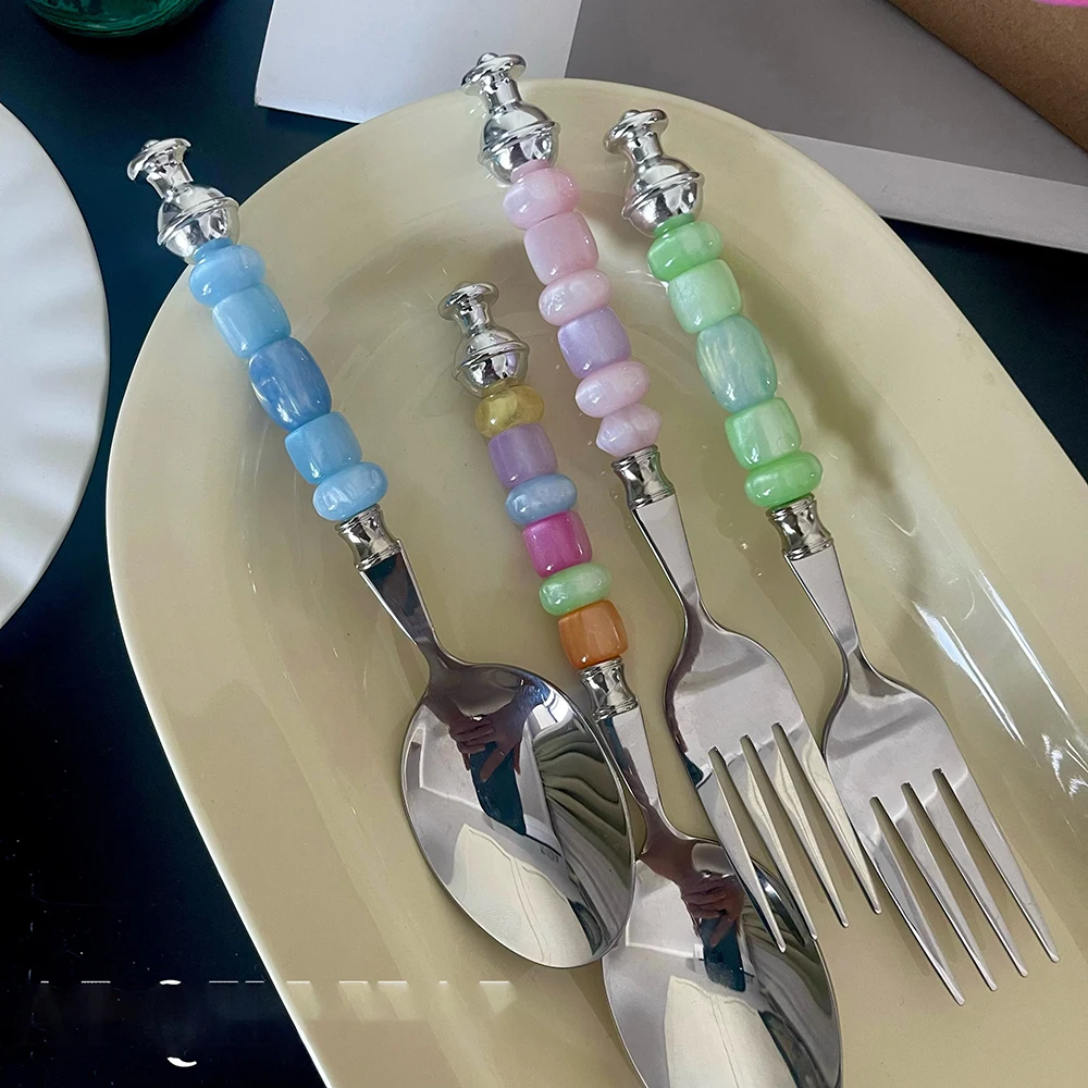 Cute Colorful Beading Stainless Steel Spoon Fork Vintage Dessert Spoon Western Food Coffee Salad Fork Creative Ice Cream Spoon