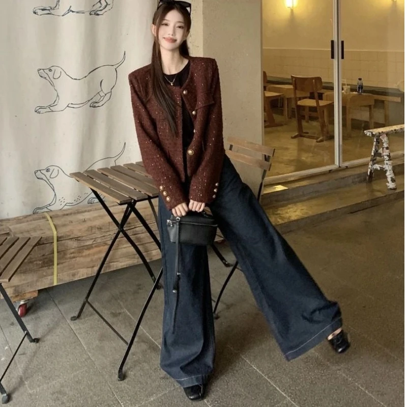 Vintage Button Long Sleeve Short Jacket Spring Autumn All-match Fashion Sequined Loose Tops Elegant High Street Women Clothing