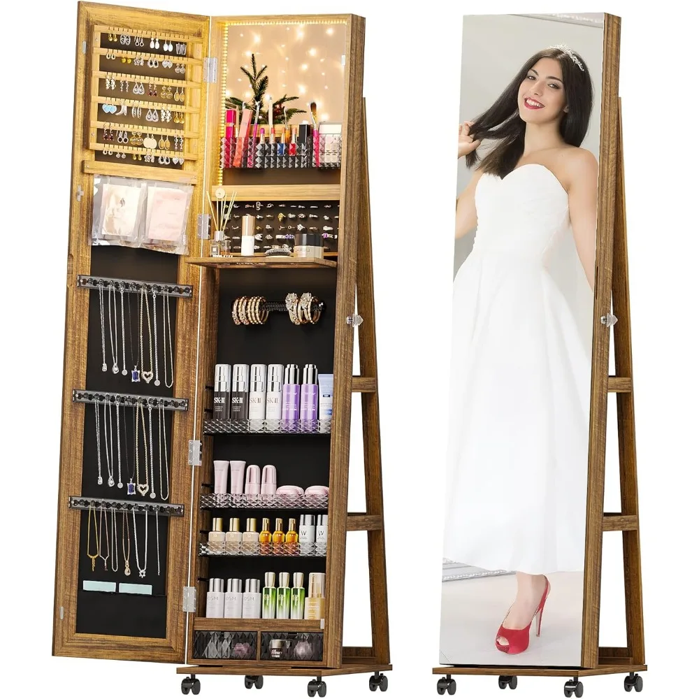 360° Rotating Jewelry Armoire, Full Length Mirror Large Capacity 3 Color Dimmable Jewelry Organizer Armoire, Lockable Standing