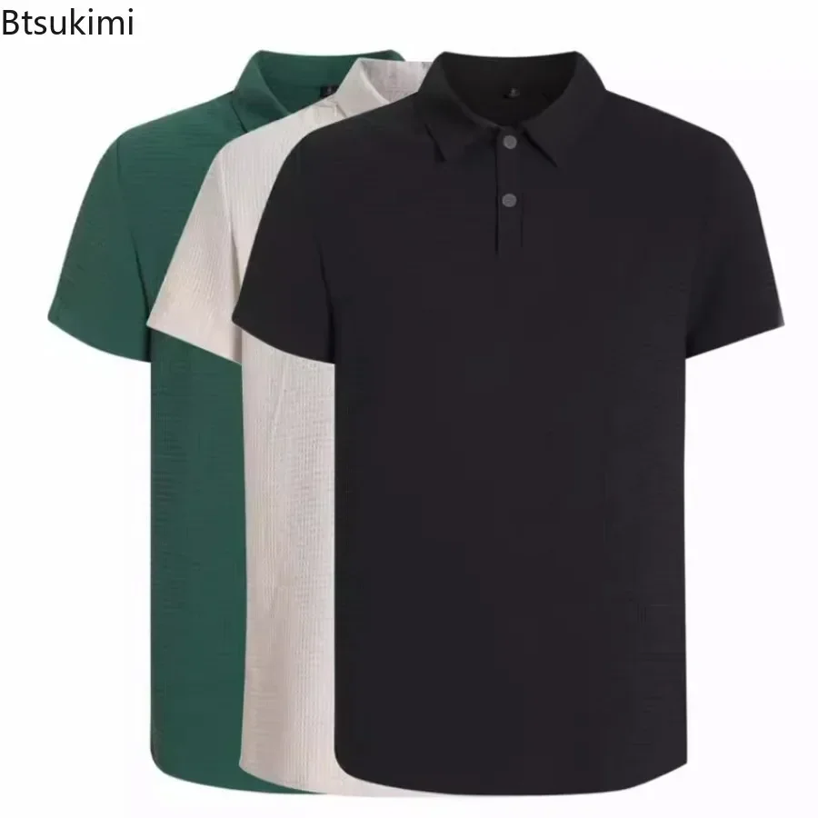 Men's Solid Slim Premium Polo Shirt Fashion Casual Button-up Collar Short Sleeve Shirt Tops High Quality Breathable T-shirt Male