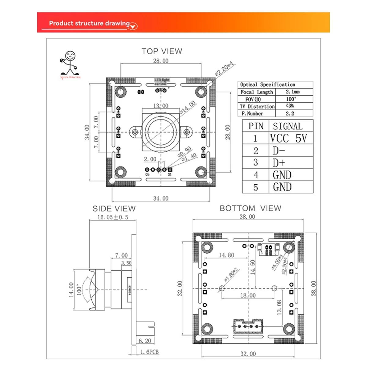 

3Pcs 100 Degree Camera Module 1MP OV9732 1280x720 USB Free Driver Manual Focus with 0.5 Meter Cable for WinXP/7/8/10