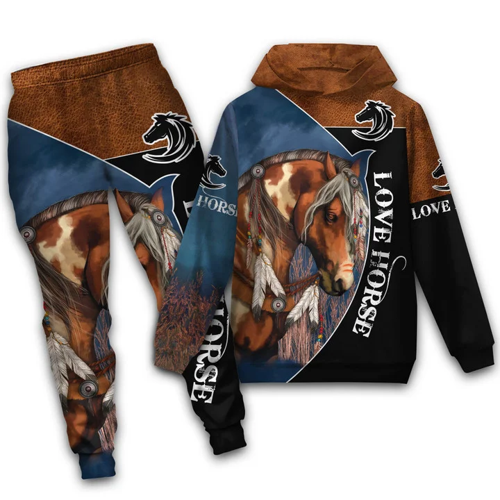 Animal Horse Pattern 3d Print 2 PCS Set Striped Check Fashion Breathable Men Long Sleeve Hoodies Pants Two Piece Jogging Suits