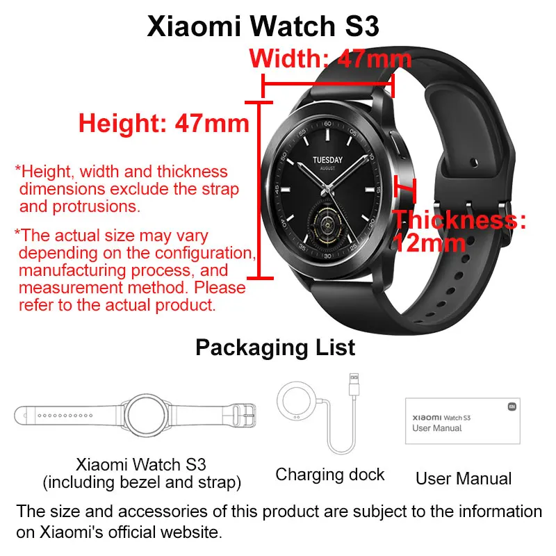 Wersja globalna Xiaomi Smart Watch S3, BT 5.2, tętno we krwi, 1.43 \