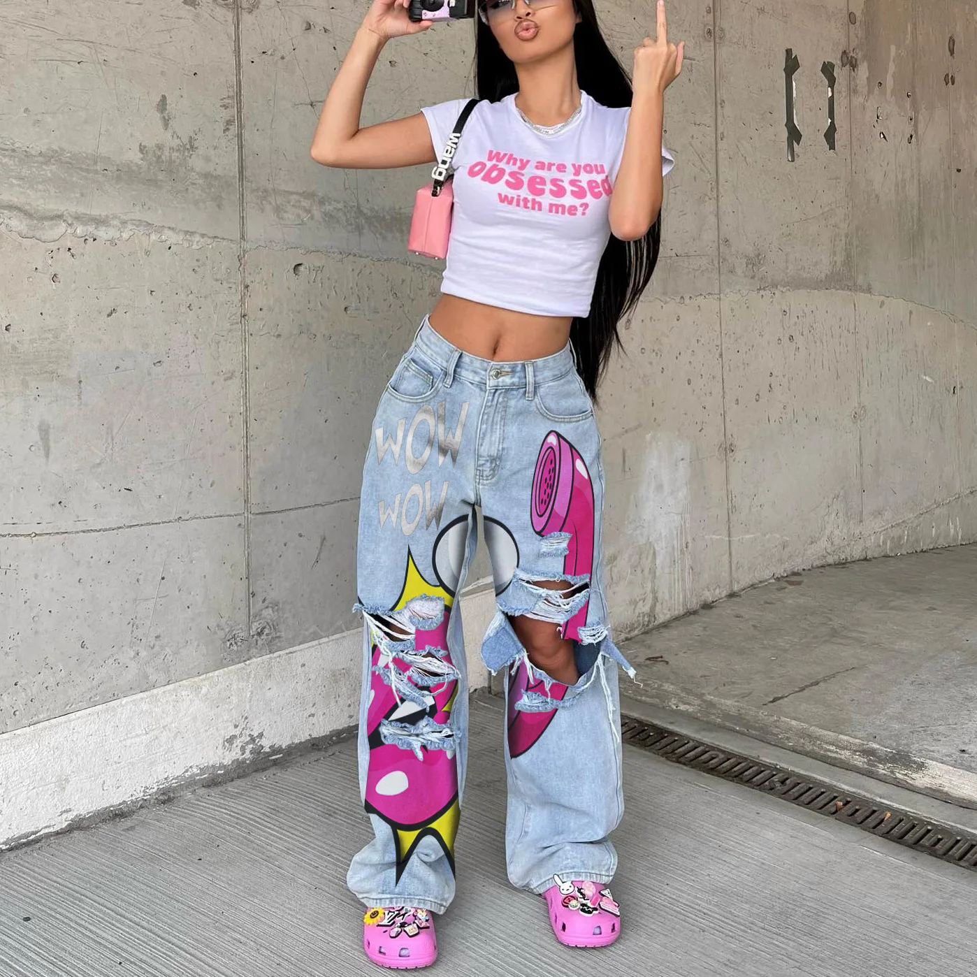 

Women's Jeanswomen's 2023 Spring/Summer New Y2k Spicy Girl Street Personalized Print High Waist Perforated Ragged Edge Straight